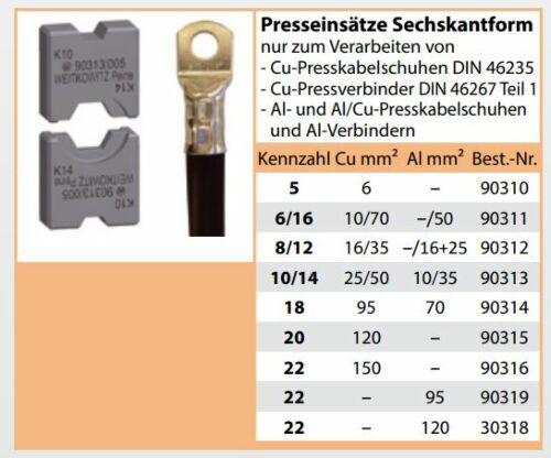 90311 Press inserts hexagonal shape 10/70mm² for Cu compression cable lugs DIN 46235 / Cu compression connectors DIN 46267 part 1 -/Al and Al/Cu compression cable lugs and Al connectors Weitkowitz