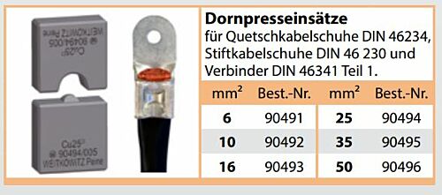 90491 Mandrel press inserts 6mm² for crimp cable lugs DIN 46234, pin cable lugs DIN 46 230 and connectors DIN 46341 part 1 Weitkowitz