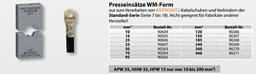 90604 Press inserts Wm-Form 10 mm² for Weitkowitz cable lugs and connectors of the standard series for MP 2, APW 30, HHW 30, APW 35, HHW 35, HPW 15 and HPW 17 Weitkowitz